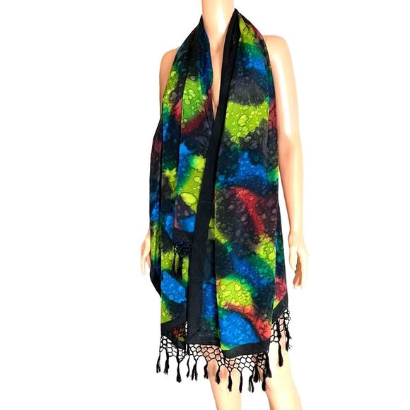 Large scarf satin colorful tasseled edges swim coverup summer lightweight - Picture 1 of 5